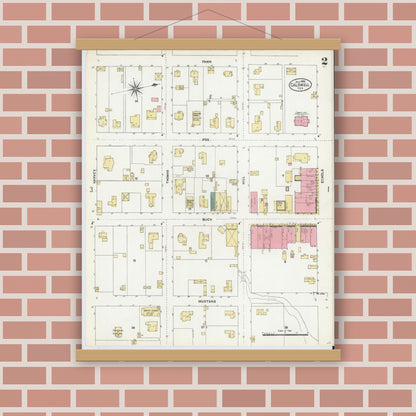 Old map wall art mockup — magnetic wood frame on brick wall — Sanborn Fire Insurance Map from Caldwell, Burleson County, Texas (1906), Sheet #0002