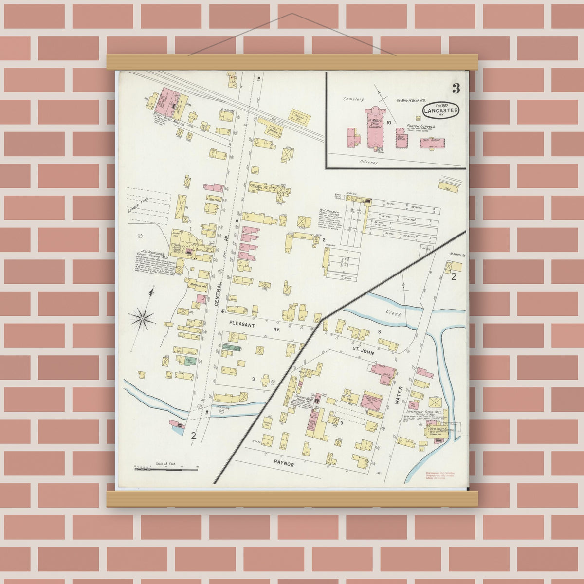 Old map wall art mockup — magnetic wood frame on brick wall — Sanborn Fire Insurance Map from Lancaster, Erie County, New York (1897), Sheet #0003