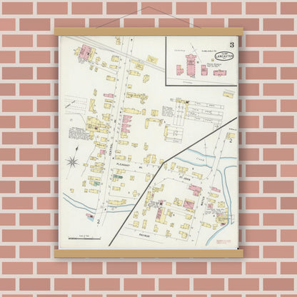 Old map wall art mockup — magnetic wood frame on brick wall — Sanborn Fire Insurance Map from Lancaster, Erie County, New York (1897), Sheet #0003