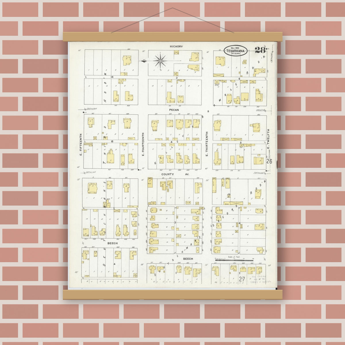 Old map wall art mockup — magnetic wood frame on brick wall — Sanborn Fire Insurance Map from Texarkana, Bowie County, Texas (1909), Sheet #0028