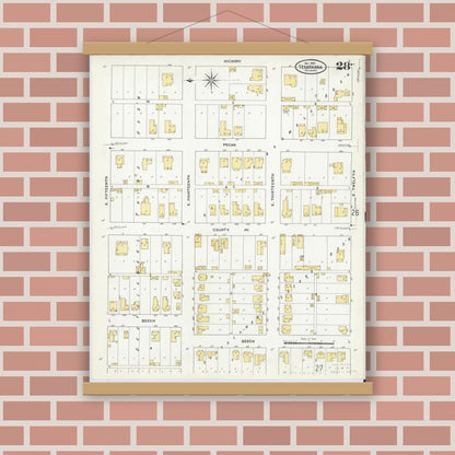 Old map wall art mockup — magnetic wood frame on brick wall — Sanborn Fire Insurance Map from Texarkana, Bowie County, Texas (1909), Sheet #0028