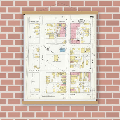 Old map wall art mockup — magnetic wood frame on brick wall — Sanborn Fire Insurance Map from Ashland, Ashland County, Wisconsin (1909), Sheet #0022