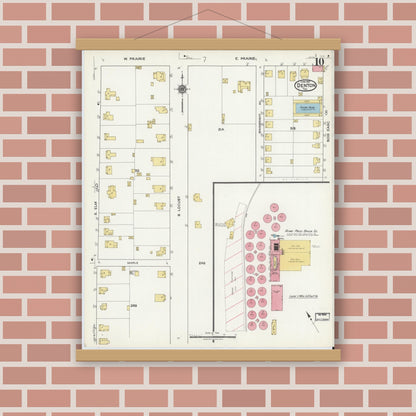 Old map wall art mockup — magnetic wood frame on brick wall — Sanborn Fire Insurance Map from Denton, Denton County, Texas (1921), Sheet #0010