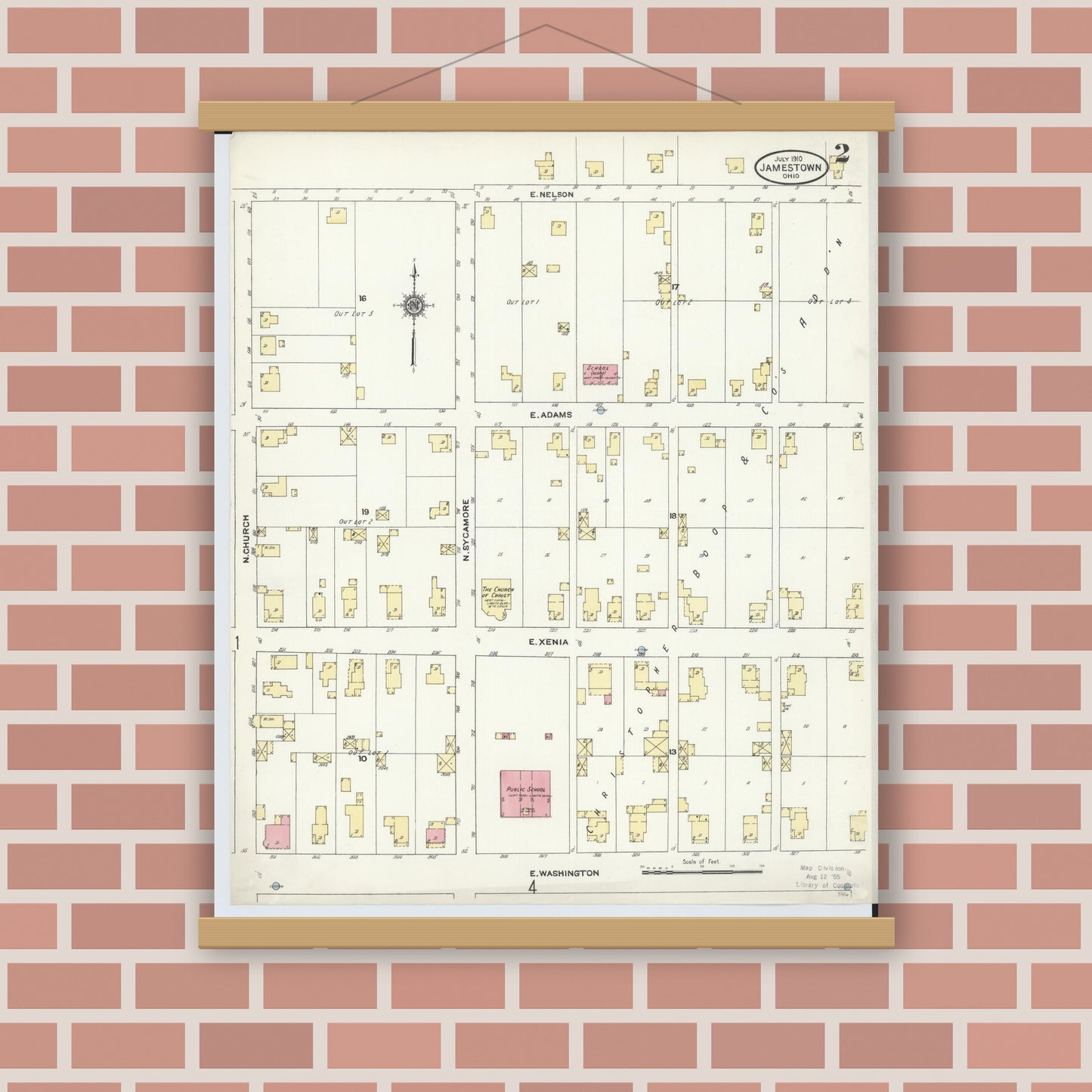 Old map wall art mockup — magnetic wood frame on brick wall — Sanborn Fire Insurance Map from Jamestown, Greene County, Ohio (1910), Sheet #0002