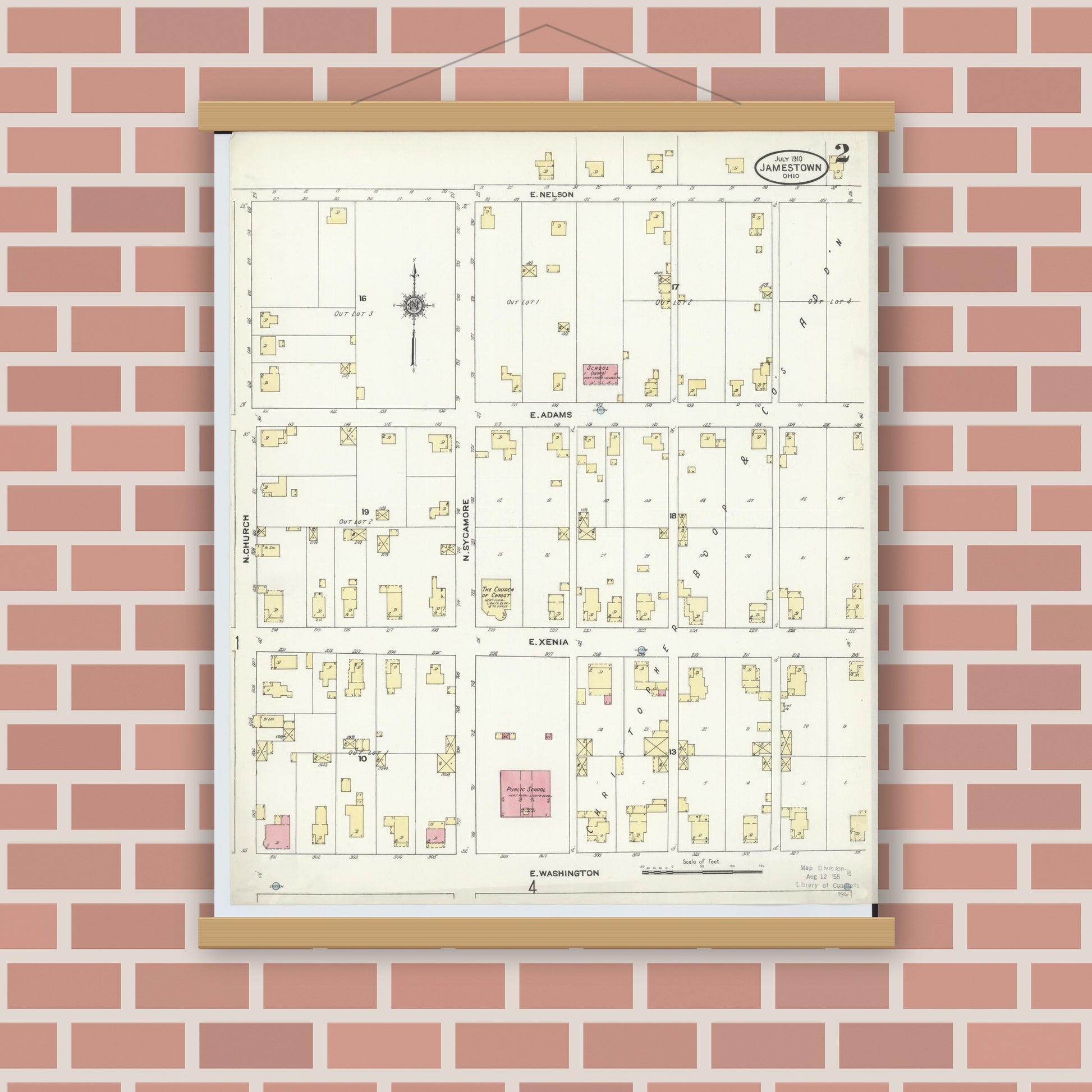 Old map wall art mockup — magnetic wood frame on brick wall — Sanborn Fire Insurance Map from Jamestown, Greene County, Ohio (1910), Sheet #0002