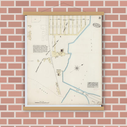 Old map wall art mockup — magnetic wood frame on brick wall — Sanborn Fire Insurance Map from Stanton, Montcalm County, Michigan (1884), Sheet #0003