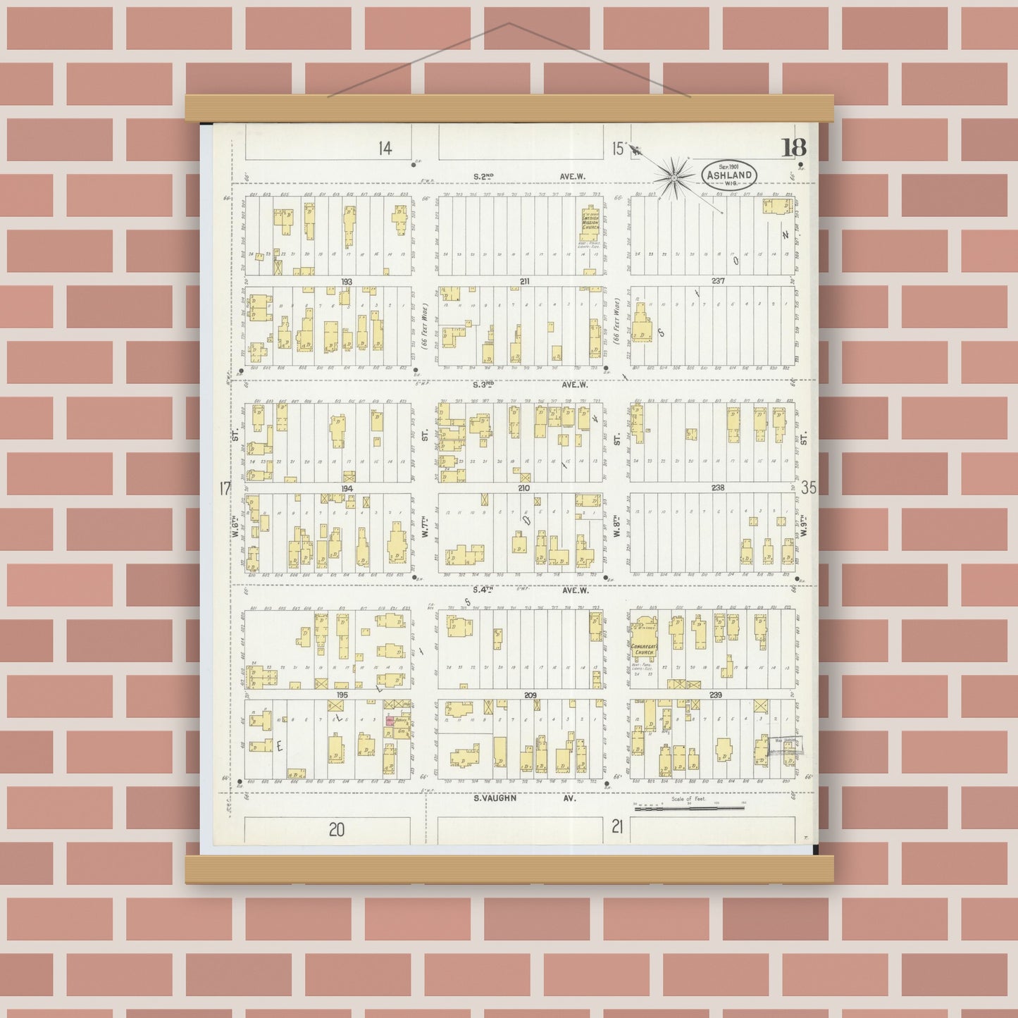 Old map wall art mockup — magnetic wood frame on brick wall — Sanborn Fire Insurance Map from Ashland, Ashland County, Wisconsin (1901), Sheet #0018