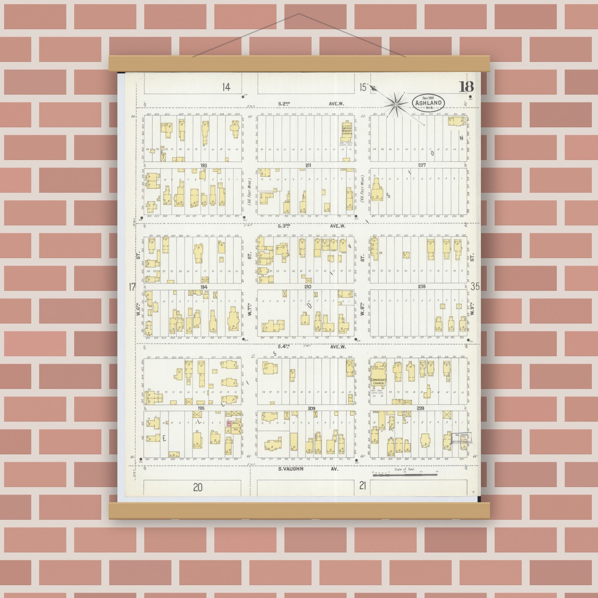 Old map wall art mockup — magnetic wood frame on brick wall — Sanborn Fire Insurance Map from Ashland, Ashland County, Wisconsin (1901), Sheet #0018