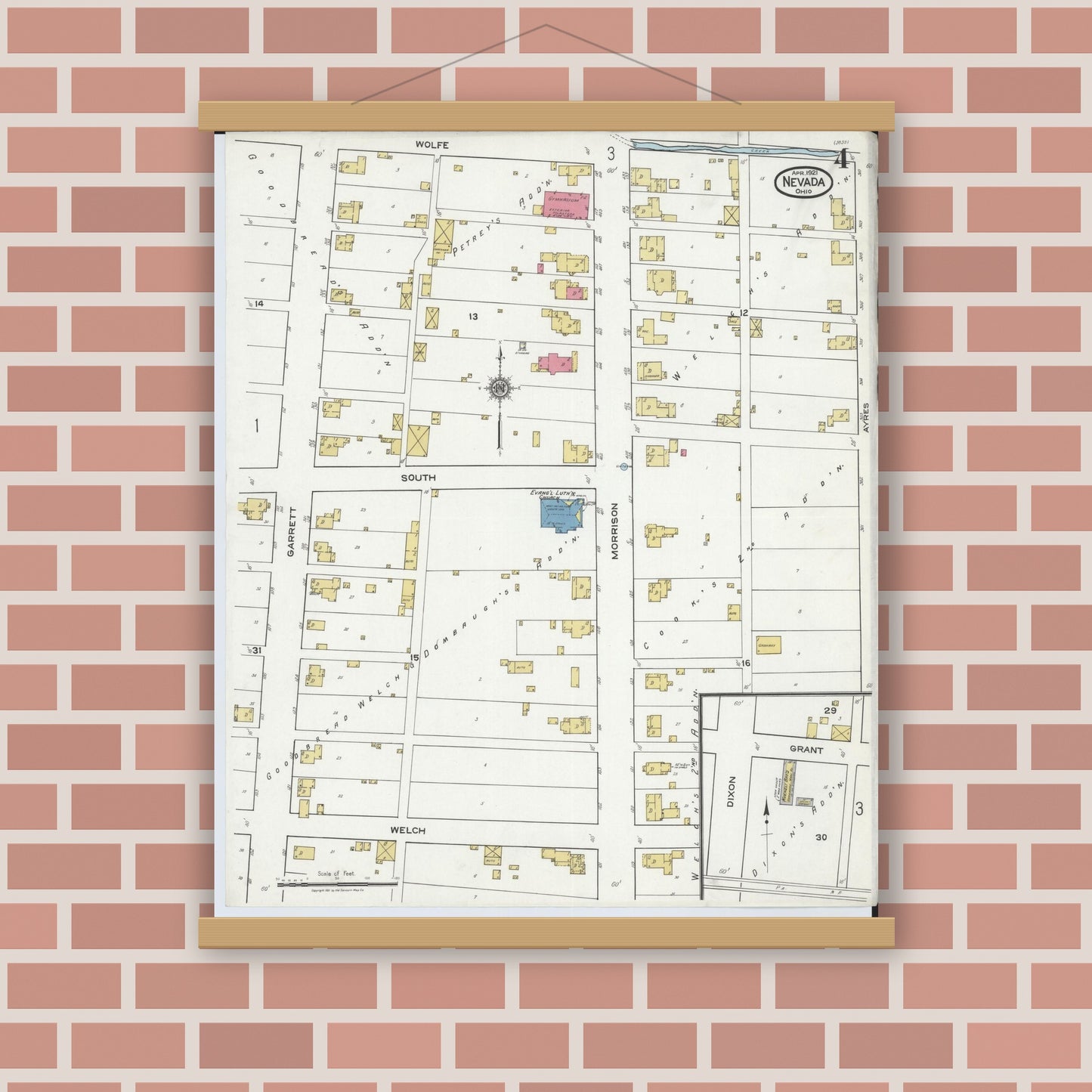 Old map wall art mockup — magnetic wood frame on brick wall — Sanborn Fire Insurance Map from Nevada, Wyandot County, Ohio (1921), Sheet #0004