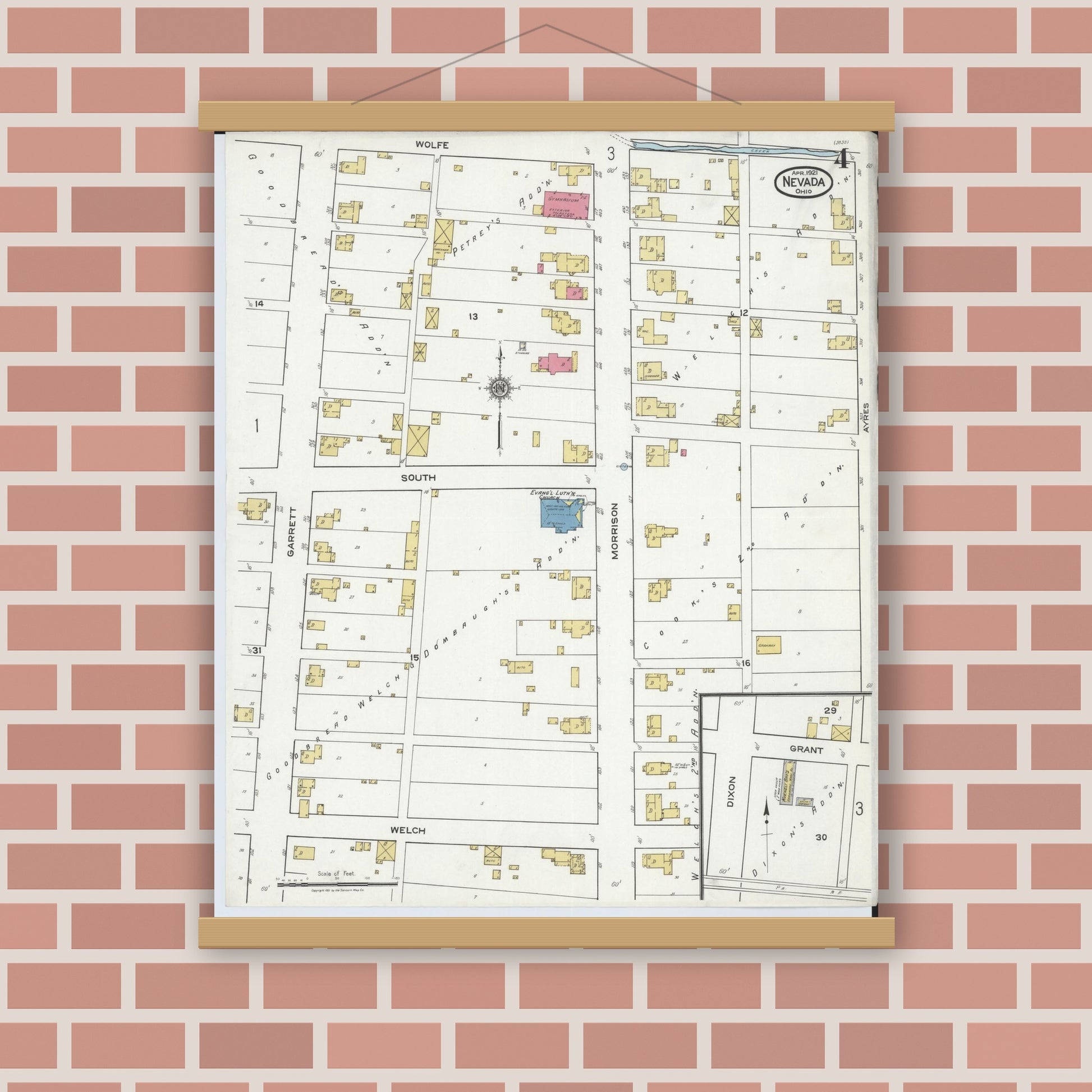 Old map wall art mockup — magnetic wood frame on brick wall — Sanborn Fire Insurance Map from Nevada, Wyandot County, Ohio (1921), Sheet #0004