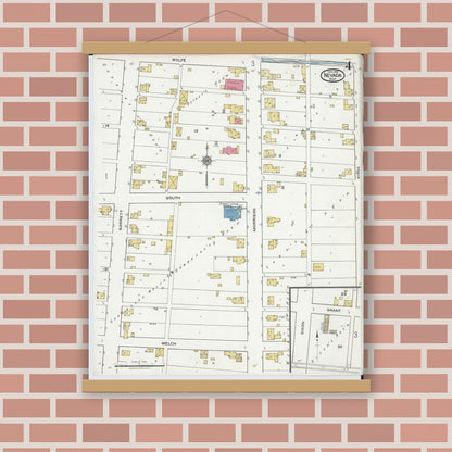 Old map wall art mockup — magnetic wood frame on brick wall — Sanborn Fire Insurance Map from Nevada, Wyandot County, Ohio (1921), Sheet #0004