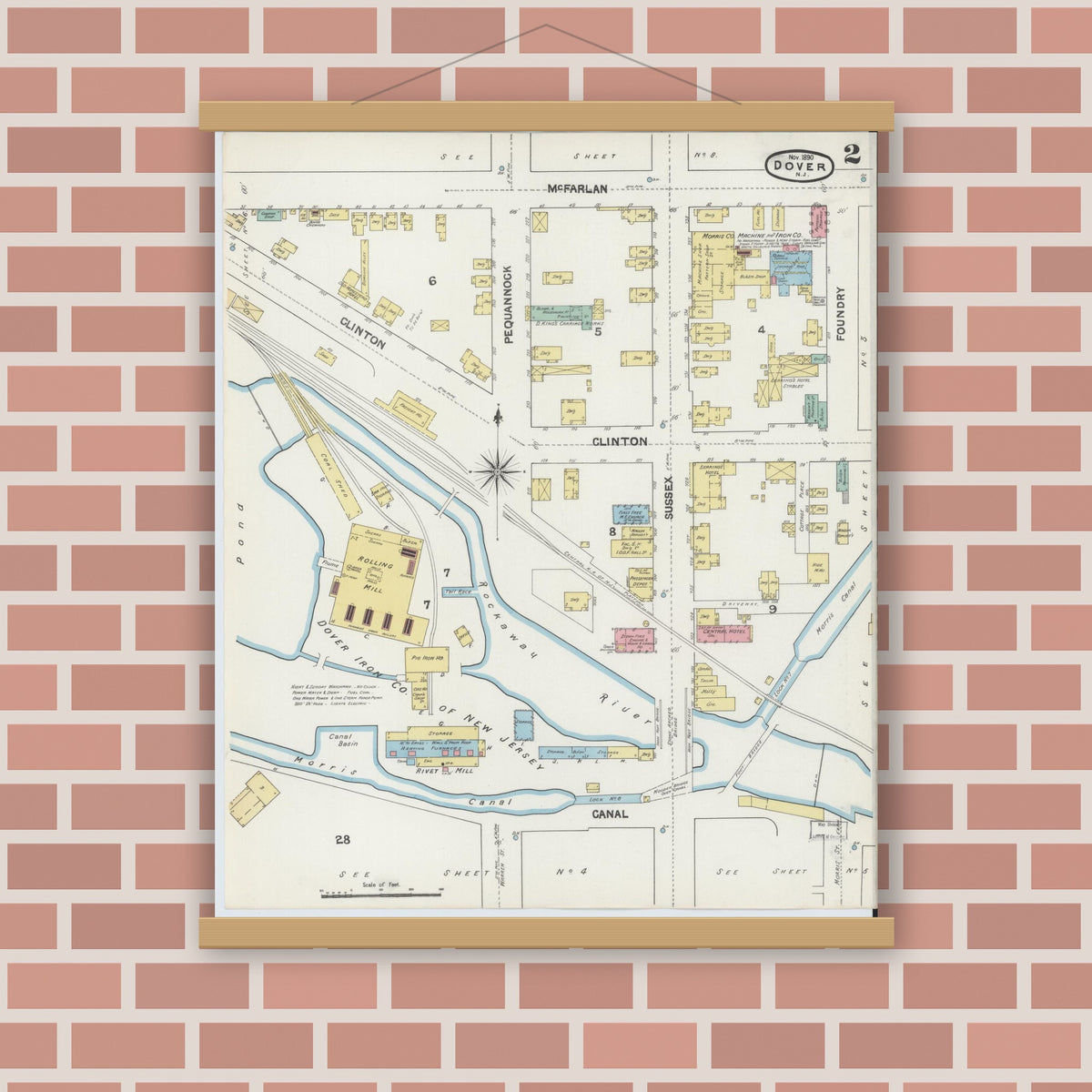 Old map wall art mockup — magnetic wood frame on brick wall — Sanborn Fire Insurance Map from Dover, Morris County, New Jersey (1890) - Complete Map Set