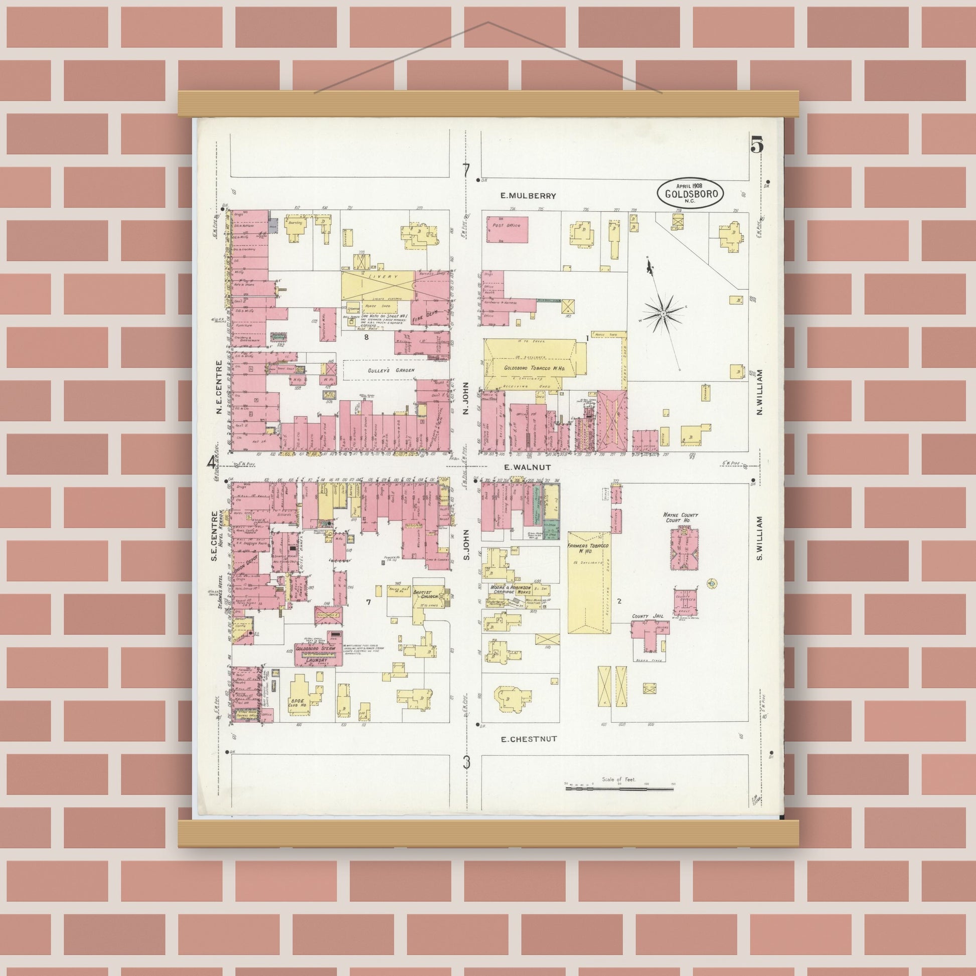 Old map wall art mockup — magnetic wood frame on brick wall — Sanborn Fire Insurance Map from Goldsboro, Wayne County, North Carolina (1908), Sheet #0005