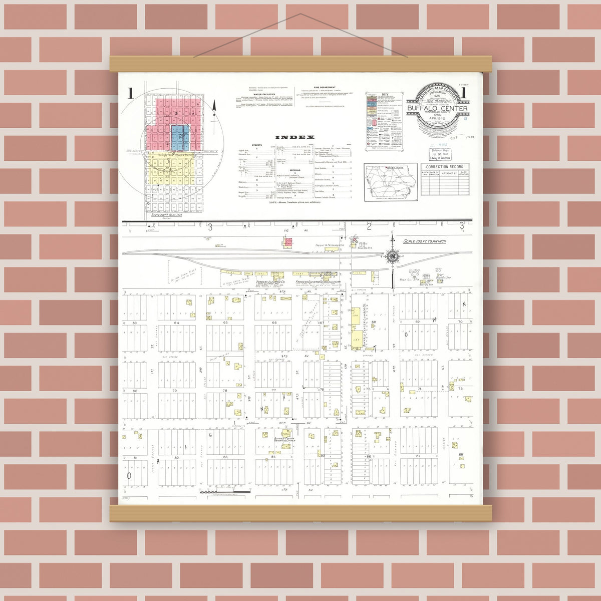 Old map wall art mockup — magnetic wood frame on brick wall — Sanborn Fire Insurance Map from Buffalo Center, Winnebago County, Iowa (1942) â€” Complete Set