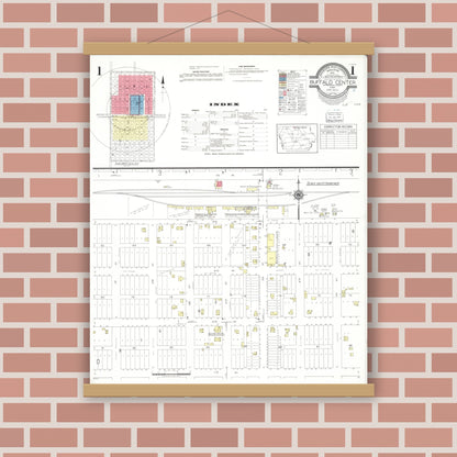 Old map wall art mockup — magnetic wood frame on brick wall — Sanborn Fire Insurance Map from Buffalo Center, Winnebago County, Iowa (1942) â€” Complete Set