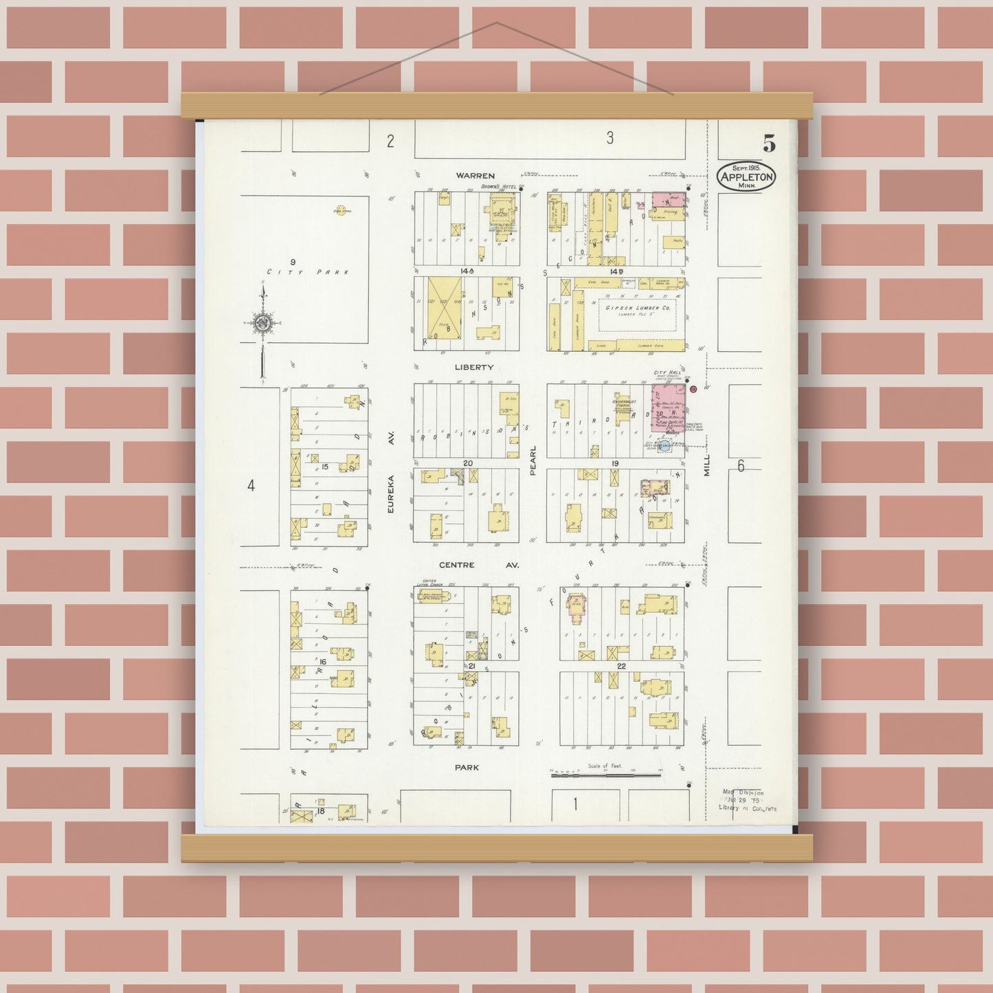 Old map wall art mockup — magnetic wood frame on brick wall — Sanborn Fire Insurance Map from Appleton, Swift County, Minnesota (1915), Sheet #0005