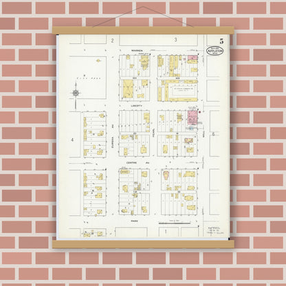 Old map wall art mockup — magnetic wood frame on brick wall — Sanborn Fire Insurance Map from Appleton, Swift County, Minnesota (1915), Sheet #0005