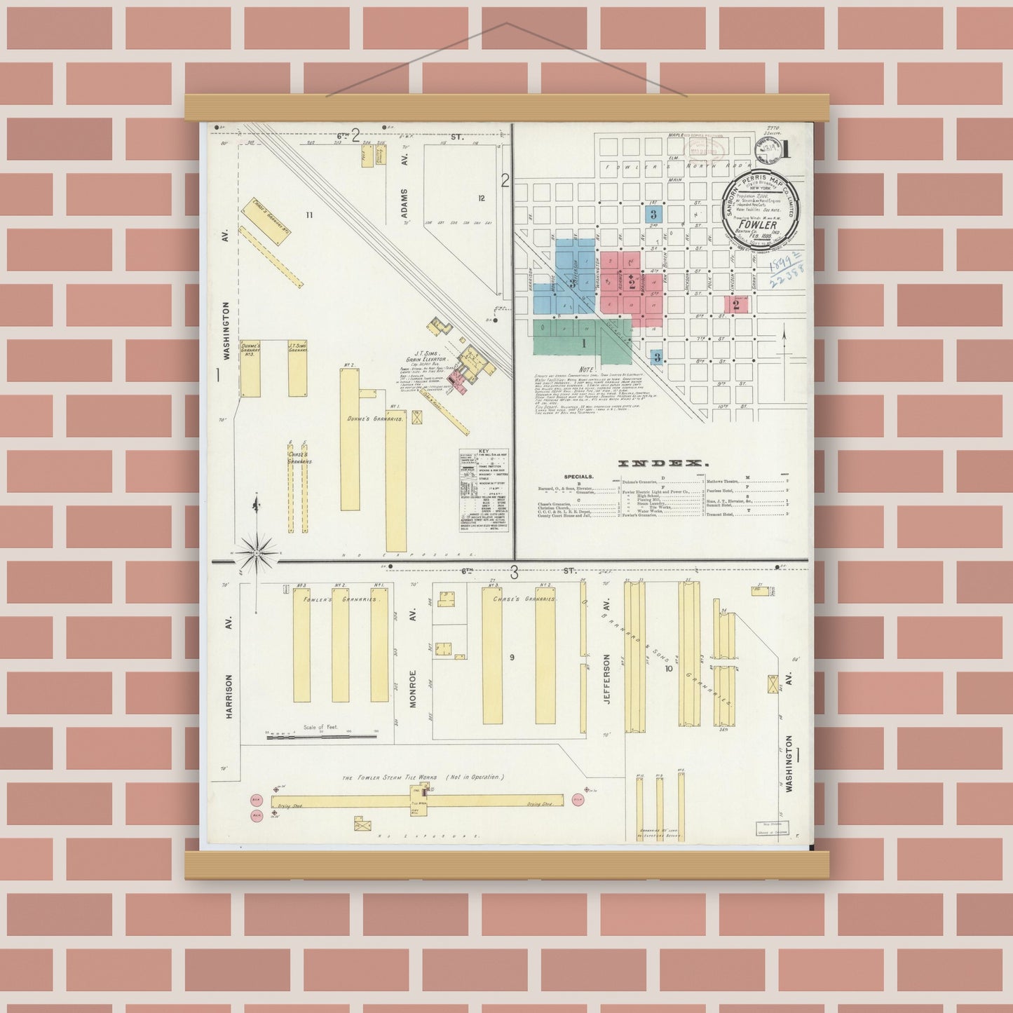 Old map wall art mockup — magnetic wood frame on brick wall — Sanborn Fire Insurance Map from Fowler, Benton County, Indiana (1899) - Complete Map Set