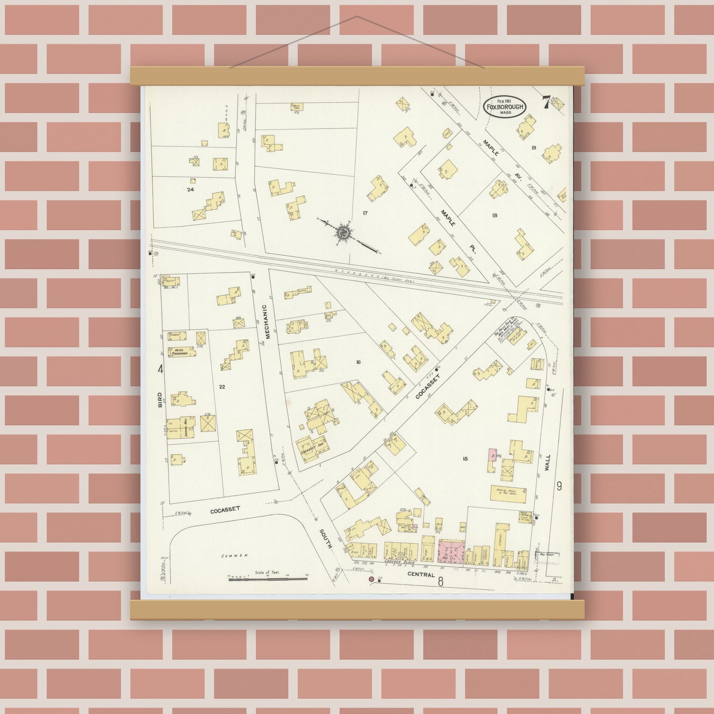 Old map wall art mockup — magnetic wood frame on brick wall — Sanborn Fire Insurance Map from Foxboro, Norfolk County, Massachusetts (1911), Sheet #0007