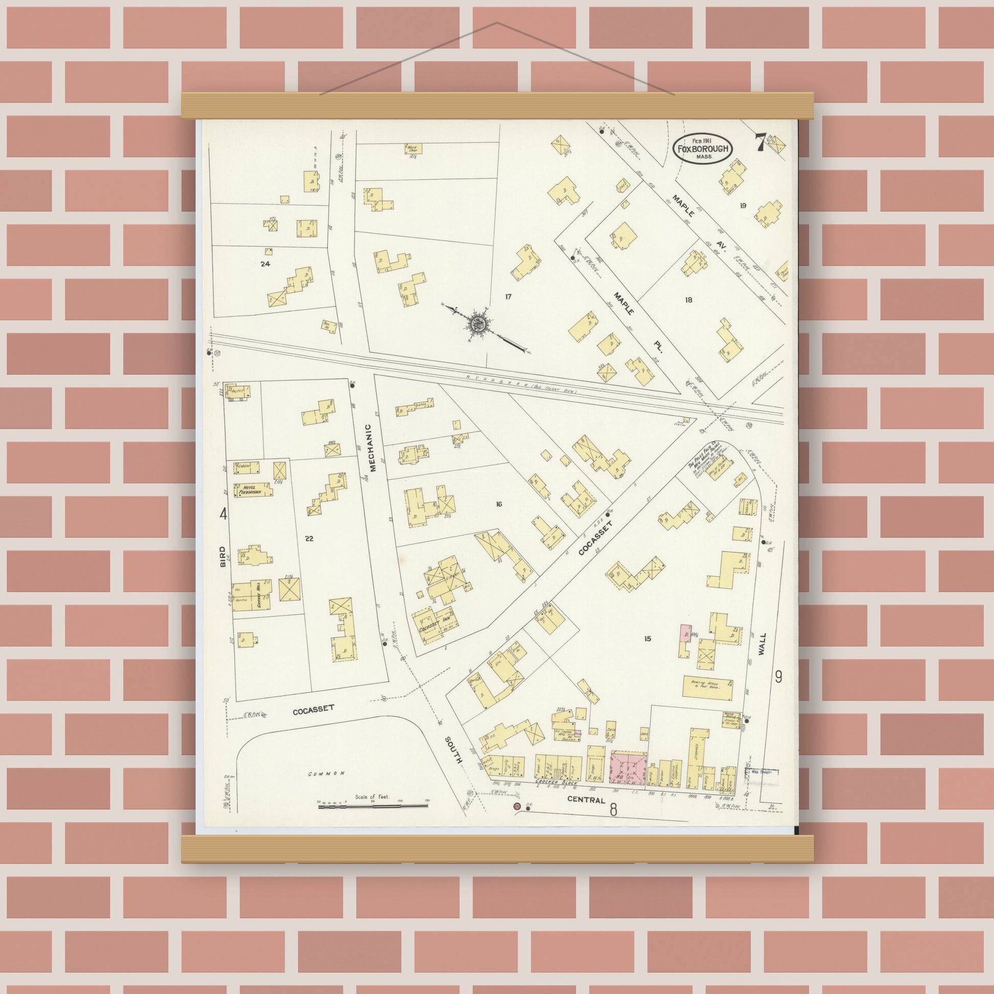 Old map wall art mockup — magnetic wood frame on brick wall — Sanborn Fire Insurance Map from Foxboro, Norfolk County, Massachusetts (1911), Sheet #0007