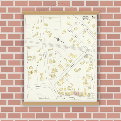 Old map wall art mockup — magnetic wood frame on brick wall — Sanborn Fire Insurance Map from Foxboro, Norfolk County, Massachusetts (1911), Sheet #0007
