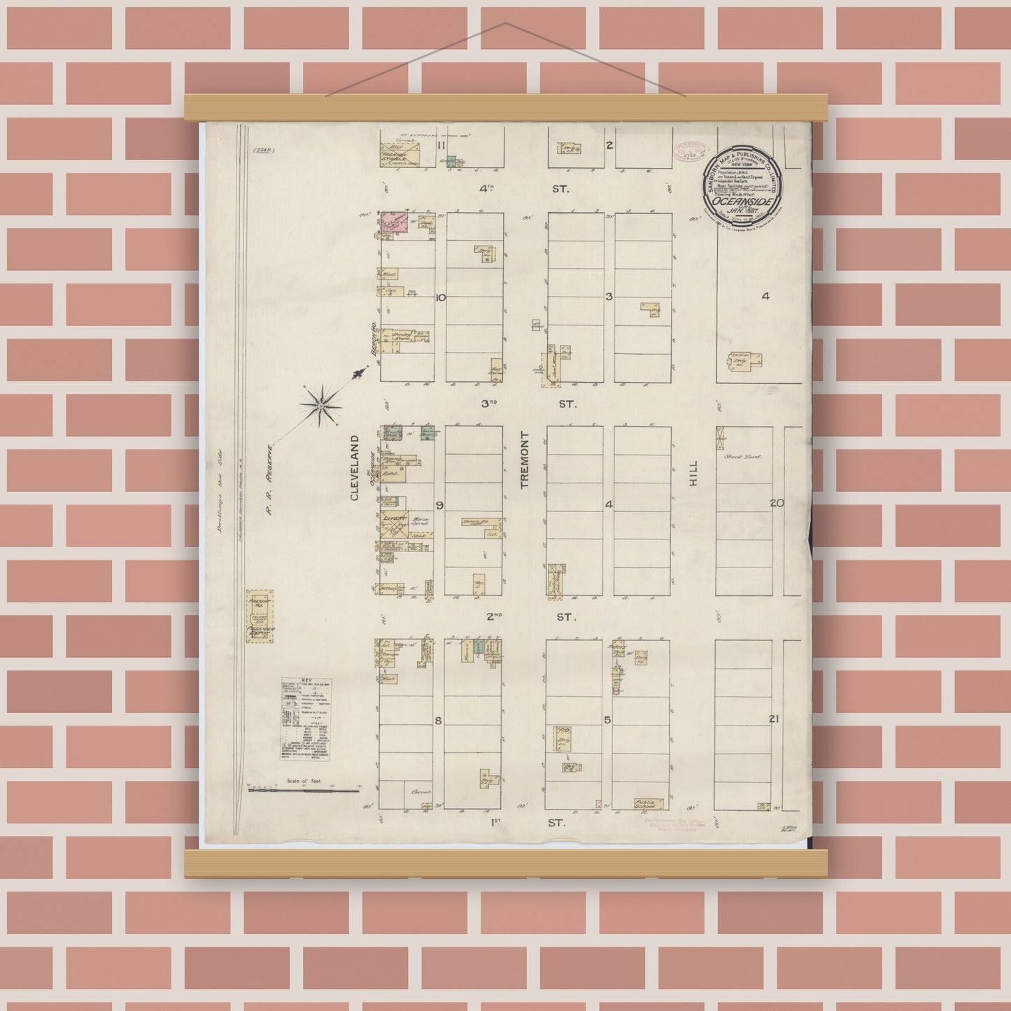 Old map wall art mockup — magnetic wood frame on brick wall — Sanborn Fire Insurance Map from Oceanside, San Diego County, California (1887), Sheet #0001