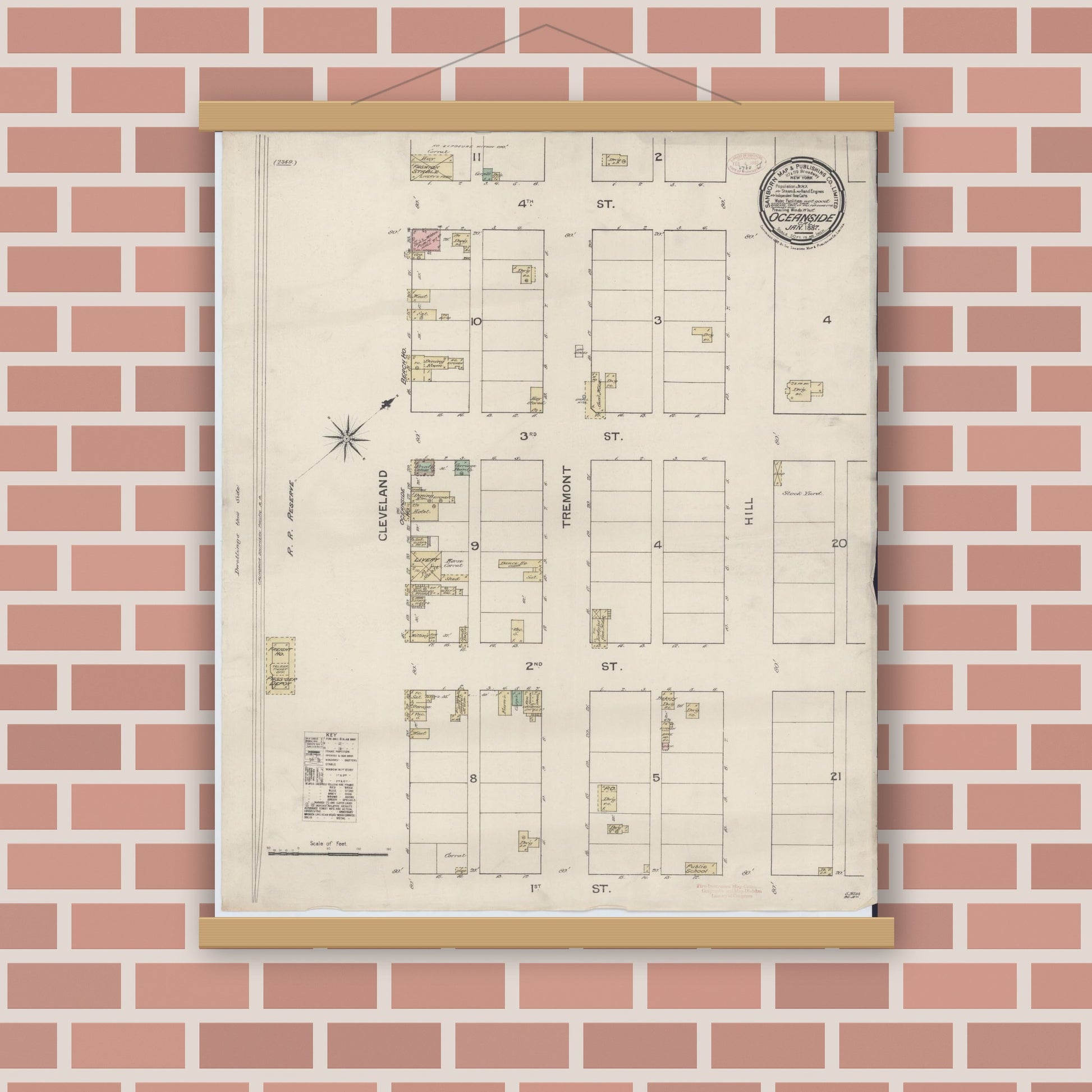 Old map wall art mockup — magnetic wood frame on brick wall — Sanborn Fire Insurance Map from Oceanside, San Diego County, California (1887), Sheet #0001