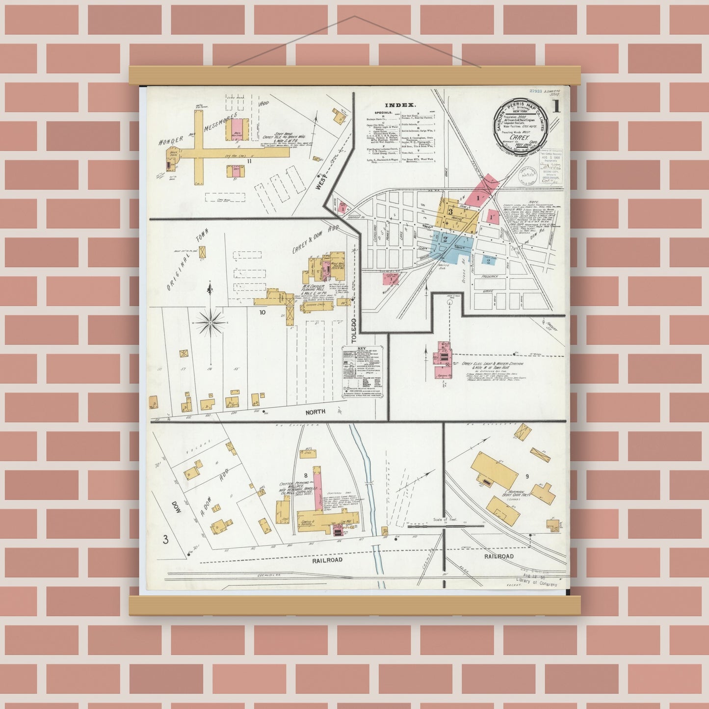 Old map wall art mockup — magnetic wood frame on brick wall — Sanborn Fire Insurance Map from Carey, Wyandot County, Ohio (1900), Sheet #0001