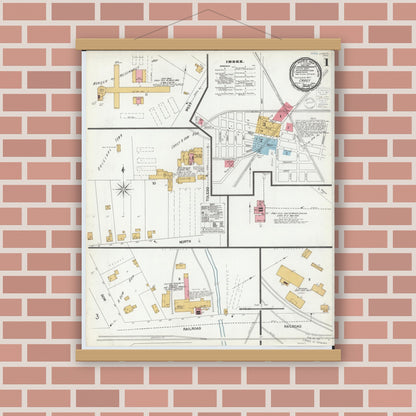 Old map wall art mockup — magnetic wood frame on brick wall — Sanborn Fire Insurance Map from Carey, Wyandot County, Ohio (1900), Sheet #0001