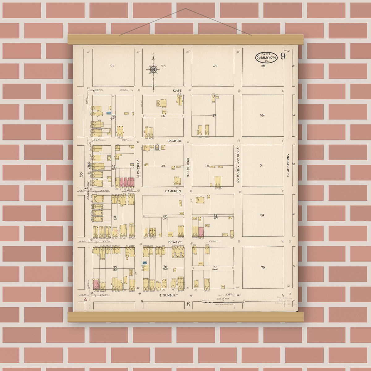 Old map wall art mockup — magnetic wood frame on brick wall — Sanborn Fire Insurance Map from Shamokin, Northumberland County, Pennsylvania (1922), Sheet #0009