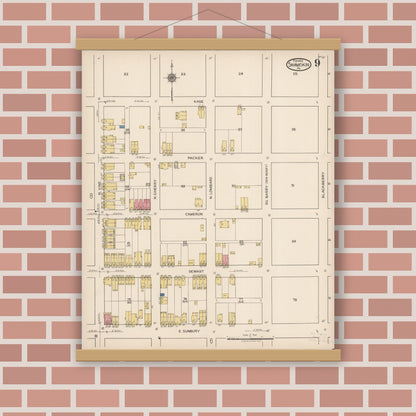 Old map wall art mockup — magnetic wood frame on brick wall — Sanborn Fire Insurance Map from Shamokin, Northumberland County, Pennsylvania (1922), Sheet #0009