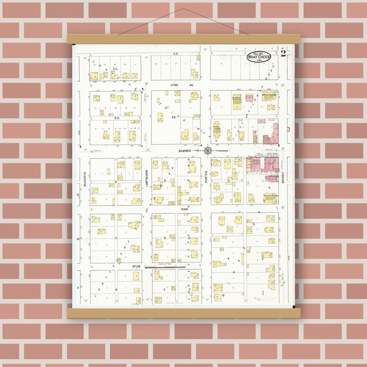 Old map wall art mockup — magnetic wood frame on brick wall — Sanborn Fire Insurance Map from What Cheer, Keokuk County, Iowa (1916), Sheet #0002