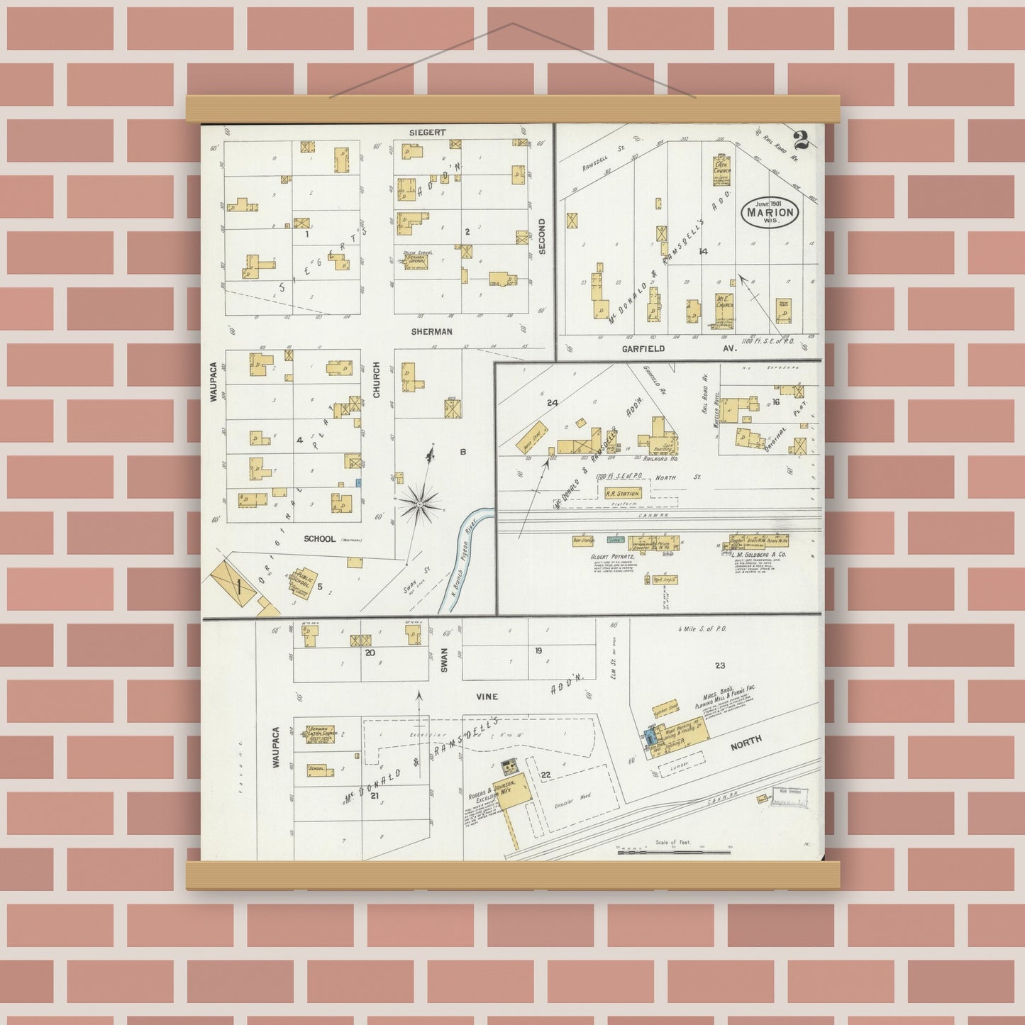 Old map wall art mockup — magnetic wood frame on brick wall — Sanborn Fire Insurance Map from Marion, Waupaca County, Wisconsin (1901), Sheet #0002