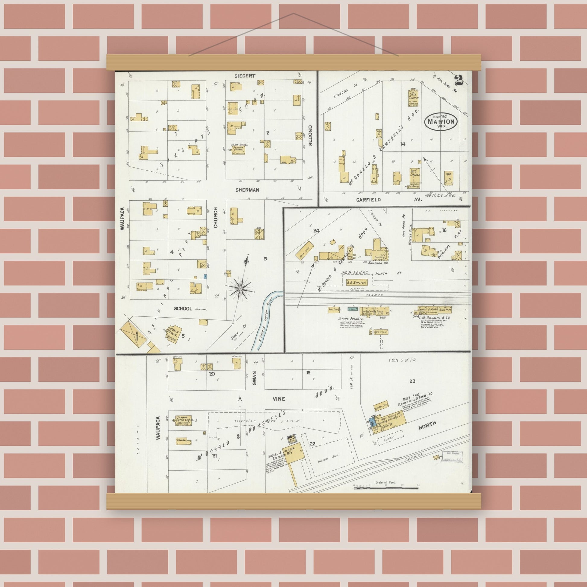 Old map wall art mockup — magnetic wood frame on brick wall — Sanborn Fire Insurance Map from Marion, Waupaca County, Wisconsin (1901), Sheet #0002