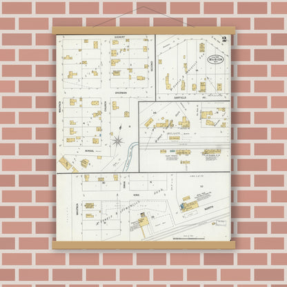 Old map wall art mockup — magnetic wood frame on brick wall — Sanborn Fire Insurance Map from Marion, Waupaca County, Wisconsin (1901), Sheet #0002