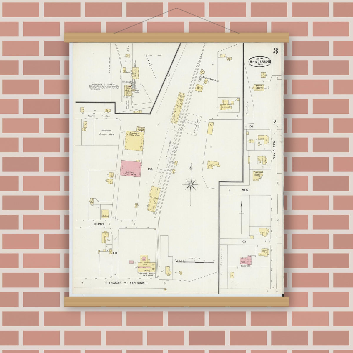 Old map wall art mockup — magnetic wood frame on brick wall — Sanborn Fire Insurance Map from Henderson, Rusk County, Texas (1896), Sheet #0003