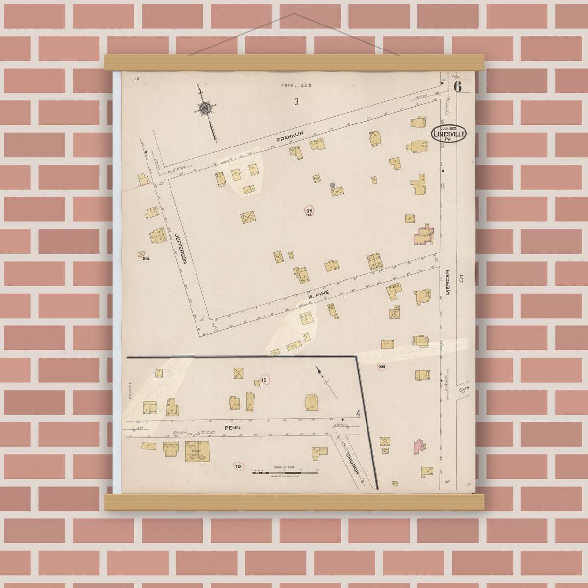 Old map wall art mockup — magnetic wood frame on brick wall — Sanborn Fire Insurance Map from Linesville, Crawford County, Pennsylvania (1934), Sheet #0006