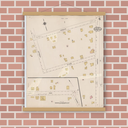 Old map wall art mockup — magnetic wood frame on brick wall — Sanborn Fire Insurance Map from Linesville, Crawford County, Pennsylvania (1934), Sheet #0006