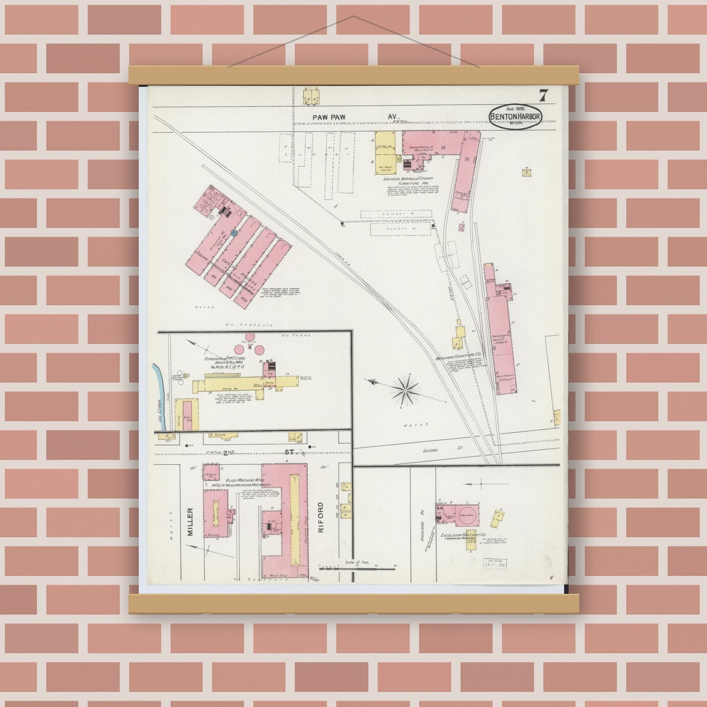 Old map wall art mockup — magnetic wood frame on brick wall — Sanborn Fire Insurance Map from Benton Harbor, Berrien County, Michigan (1892), Sheet #0007