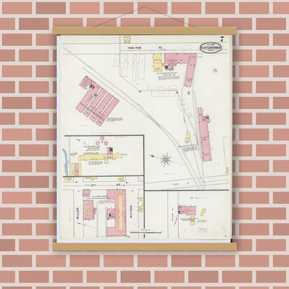 Old map wall art mockup — magnetic wood frame on brick wall — Sanborn Fire Insurance Map from Benton Harbor, Berrien County, Michigan (1892), Sheet #0007