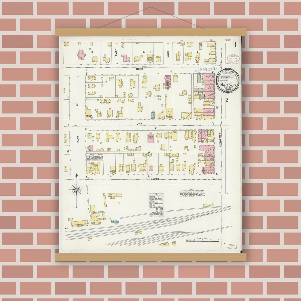 Old map wall art mockup — magnetic wood frame on brick wall — Sanborn Fire Insurance Map from Butler, De Kalb County, Indiana (1897), Sheet #0001