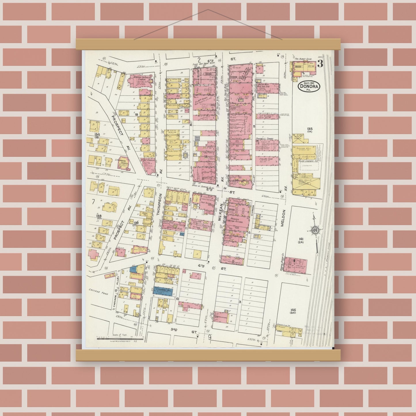 Old map wall art mockup — magnetic wood frame on brick wall — Sanborn Fire Insurance Map from Donora, Washington County, Pennsylvania (1921), Sheet #0003