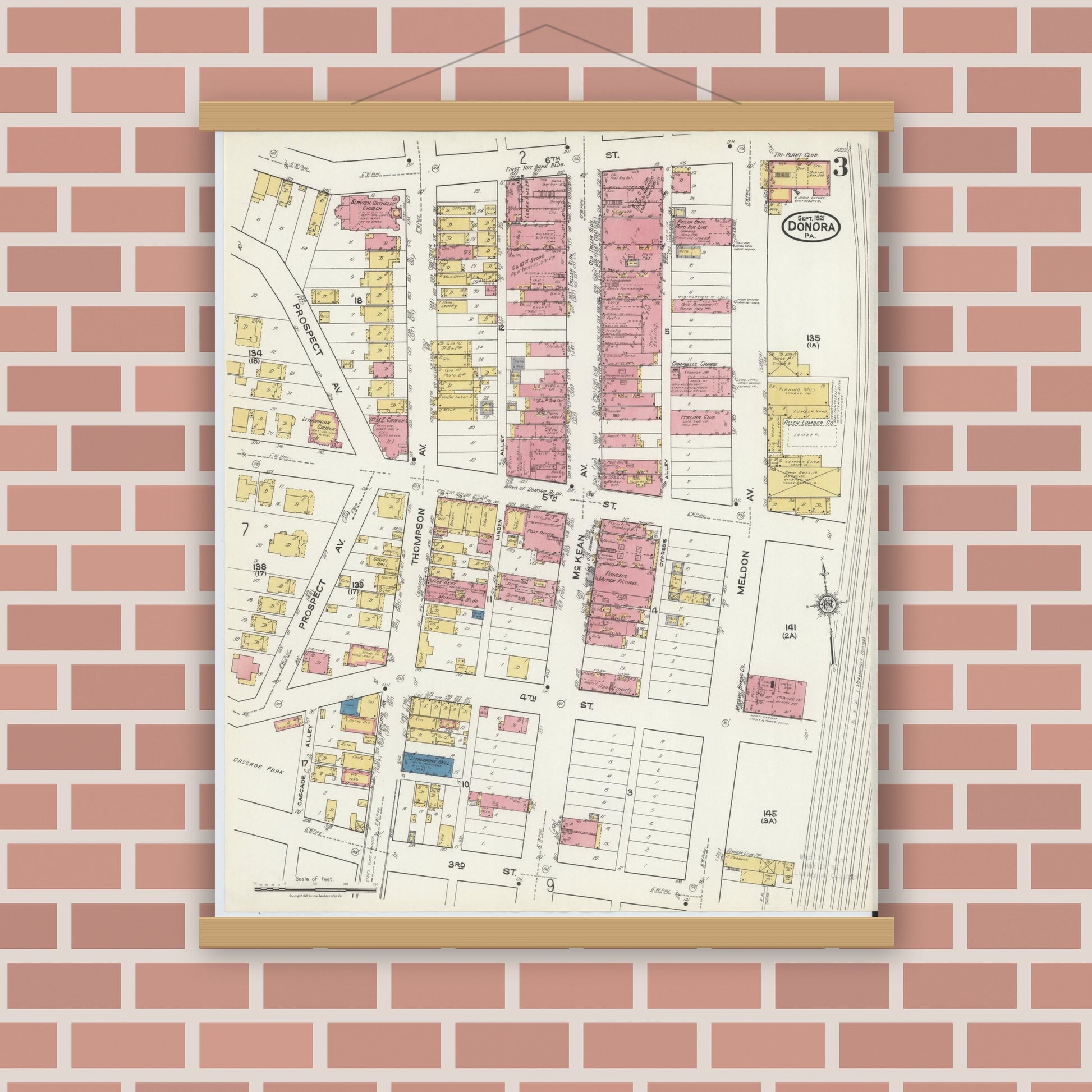 Old map wall art mockup — magnetic wood frame on brick wall — Sanborn Fire Insurance Map from Donora, Washington County, Pennsylvania (1921), Sheet #0003