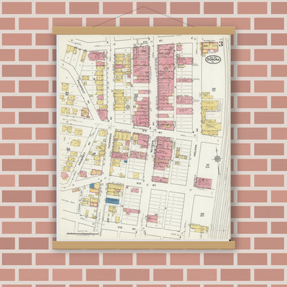 Old map wall art mockup — magnetic wood frame on brick wall — Sanborn Fire Insurance Map from Donora, Washington County, Pennsylvania (1921), Sheet #0003