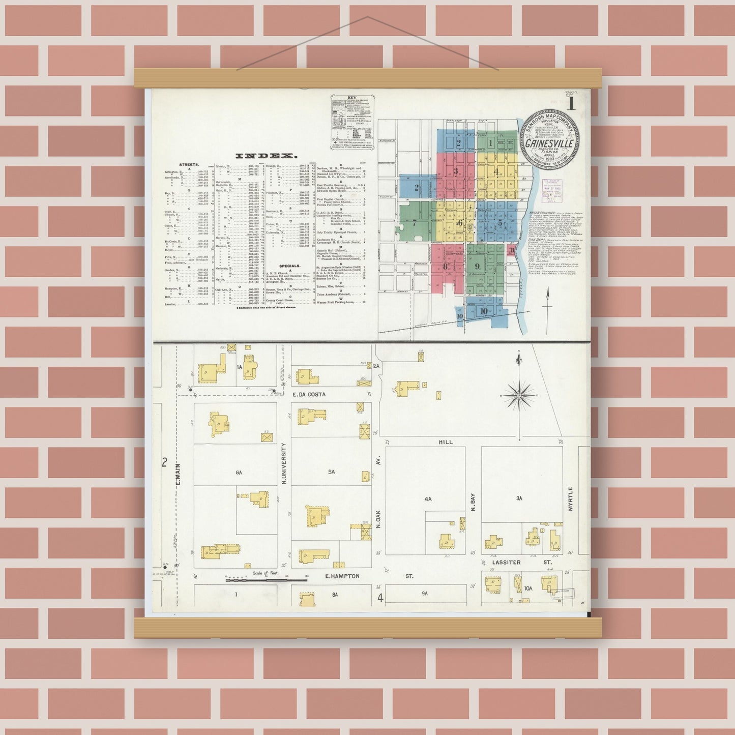 Old map wall art mockup — magnetic wood frame on brick wall — Sanborn Fire Insurance Map from Gainesville, Alachua County, Florida (1903), Sheet #0001