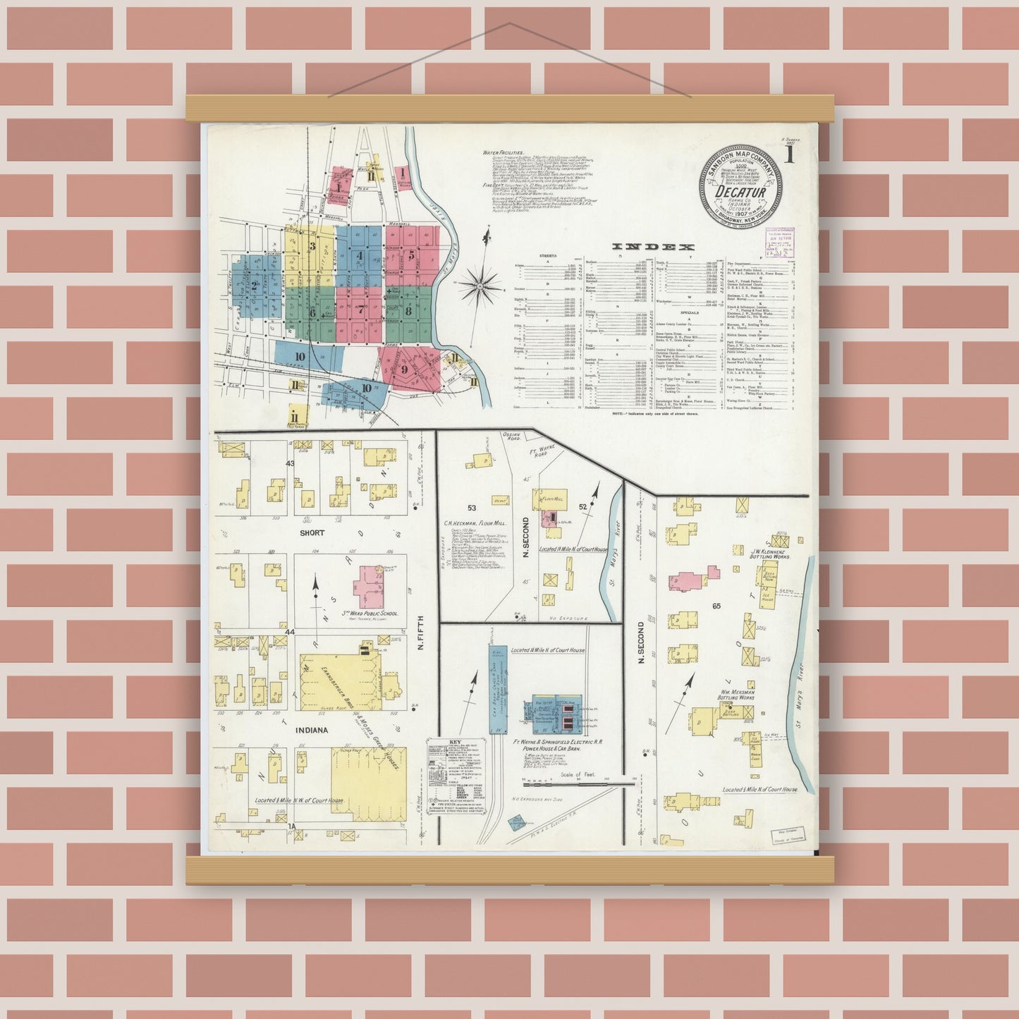 Old map wall art mockup — magnetic wood frame on brick wall — Sanborn Fire Insurance Map from Decatur, Adams County, Indiana (1907) - Complete Map Set