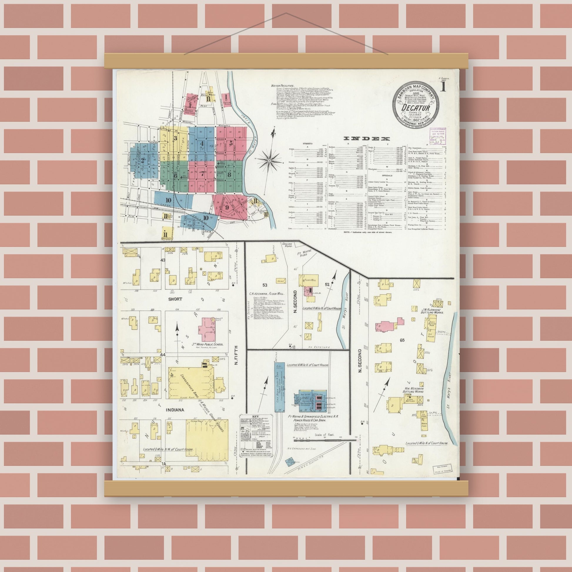 Old map wall art mockup — magnetic wood frame on brick wall — Sanborn Fire Insurance Map from Decatur, Adams County, Indiana (1907) - Complete Map Set