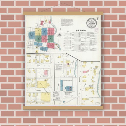 Old map wall art mockup — magnetic wood frame on brick wall — Sanborn Fire Insurance Map from Decatur, Adams County, Indiana (1907) - Complete Map Set