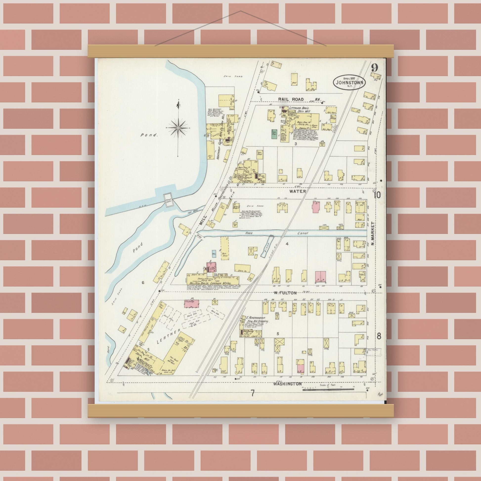 Old map wall art mockup — magnetic wood frame on brick wall — Sanborn Fire Insurance Map from Johnstown, Fulton County, New York (1897), Sheet #0009