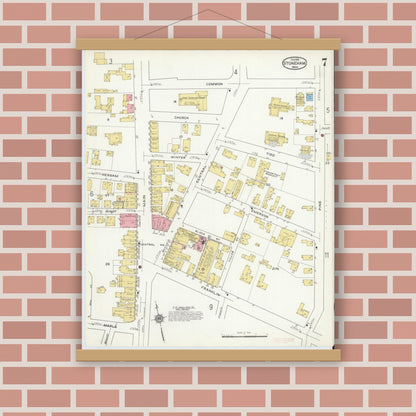 Old map wall art mockup — magnetic wood frame on brick wall — Sanborn Fire Insurance Map from Stoneham, Middlesex County, Massachusetts (1916), Sheet #0007